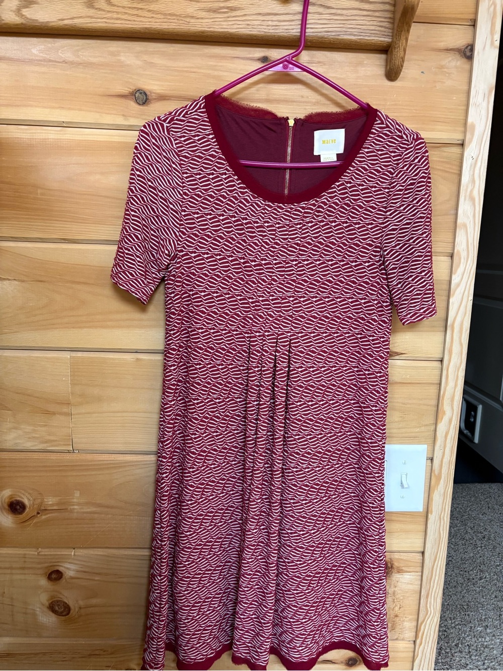 Maeve by Anthropologie Wine-Red Patterned Short-Sleeve A-Line Dress